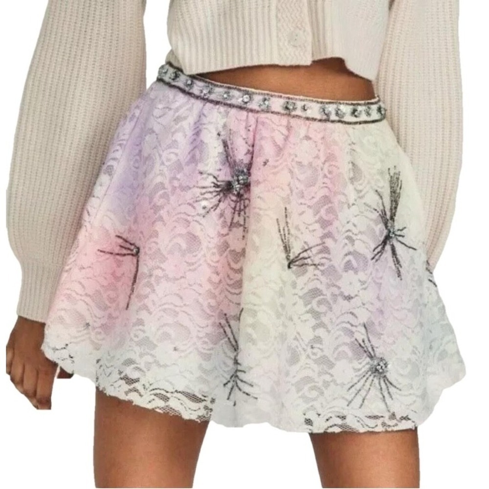 LoveShackFancy KEZIA MINI SKIRT Pink Lilac White Crystals 4 Lace MSRP 325